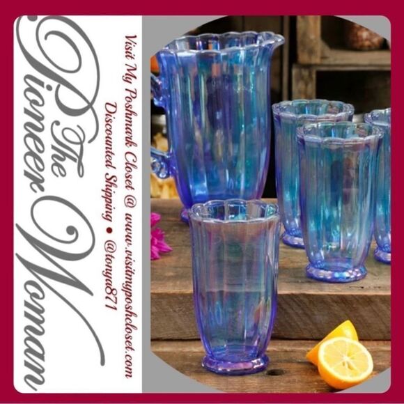 🦋 New Pioneer Woman Beautiful Blue Iridescent Pitcher & 4 Glass Tumblers, Blue - Picture 3 of 5